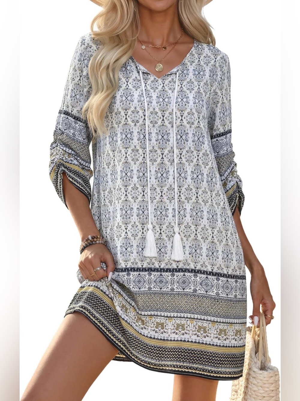 NWT Hotouch Boho V-Neck Tassel Swim Cover-Up Dress in White and Black